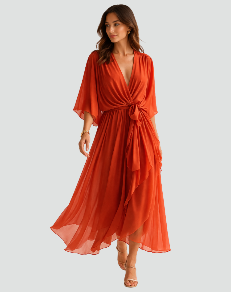 Elegante vestido midi con escote cruzado y lazo en la cintura | Para mujer