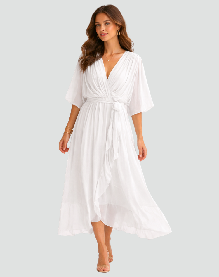 Elegante vestido midi con escote cruzado y lazo en la cintura | Para mujer