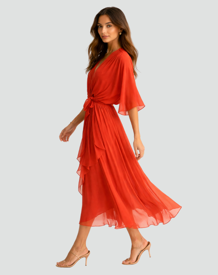 Elegante vestido midi con escote cruzado y lazo en la cintura | Para mujer