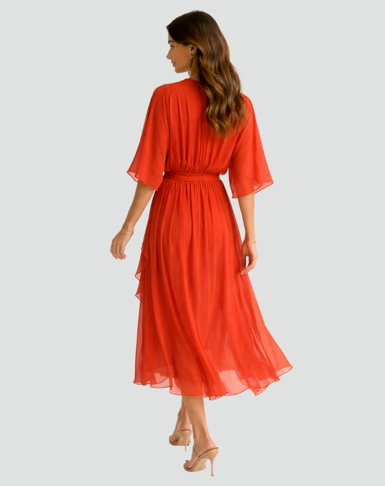 Elegante vestido midi con escote cruzado y lazo en la cintura | Para mujer