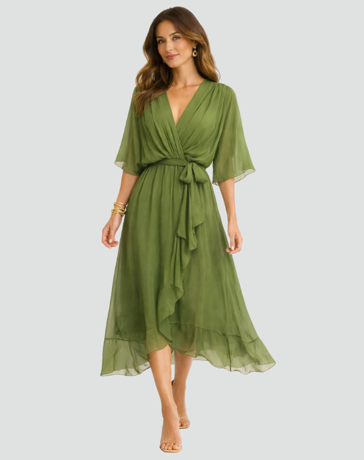 Elegante vestido midi con escote cruzado y lazo en la cintura | Para mujer