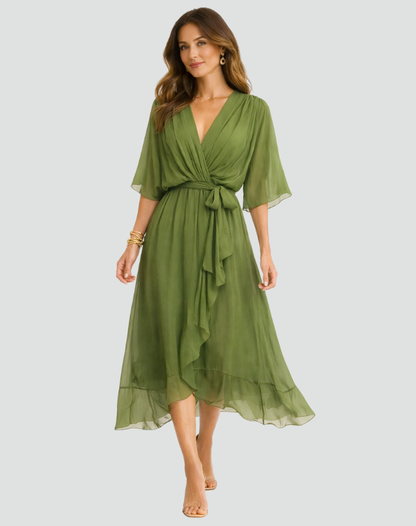 Elegante vestido midi con escote cruzado y lazo en la cintura | Para mujer