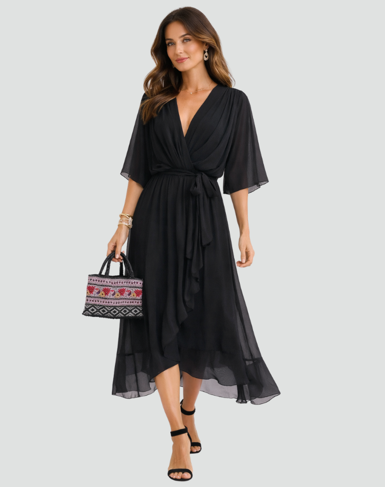 Elegante vestido midi con escote cruzado y lazo en la cintura | Para mujer