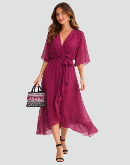 Elegante vestido midi con escote cruzado y lazo en la cintura | Para mujer