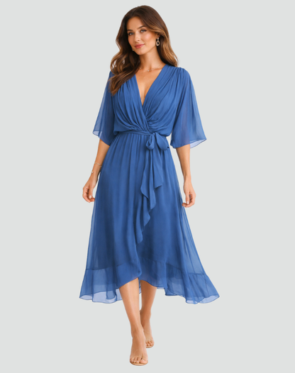 Elegante vestido midi con escote cruzado y lazo en la cintura | Para mujer