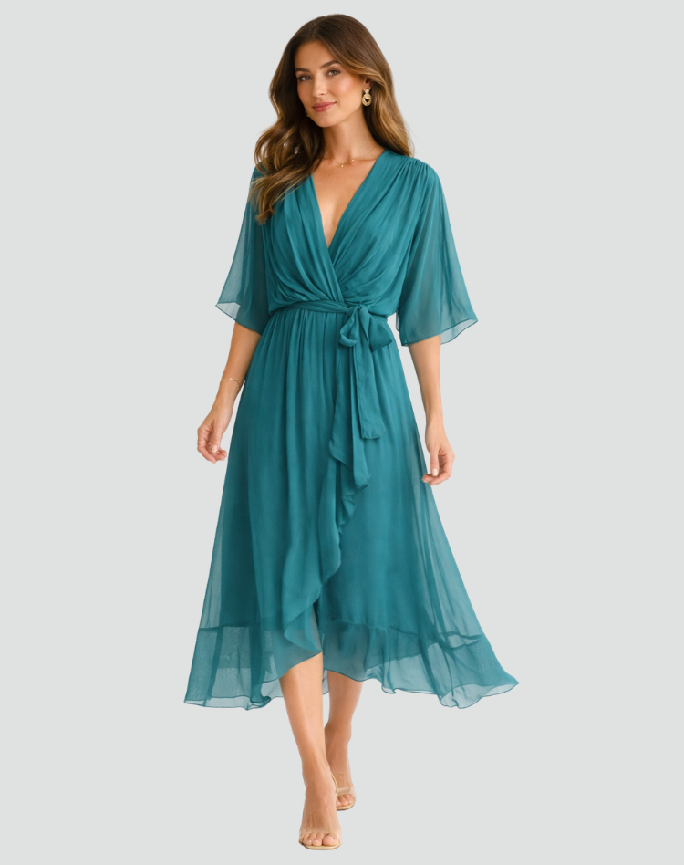Elegante vestido midi con escote cruzado y lazo en la cintura | Para mujer