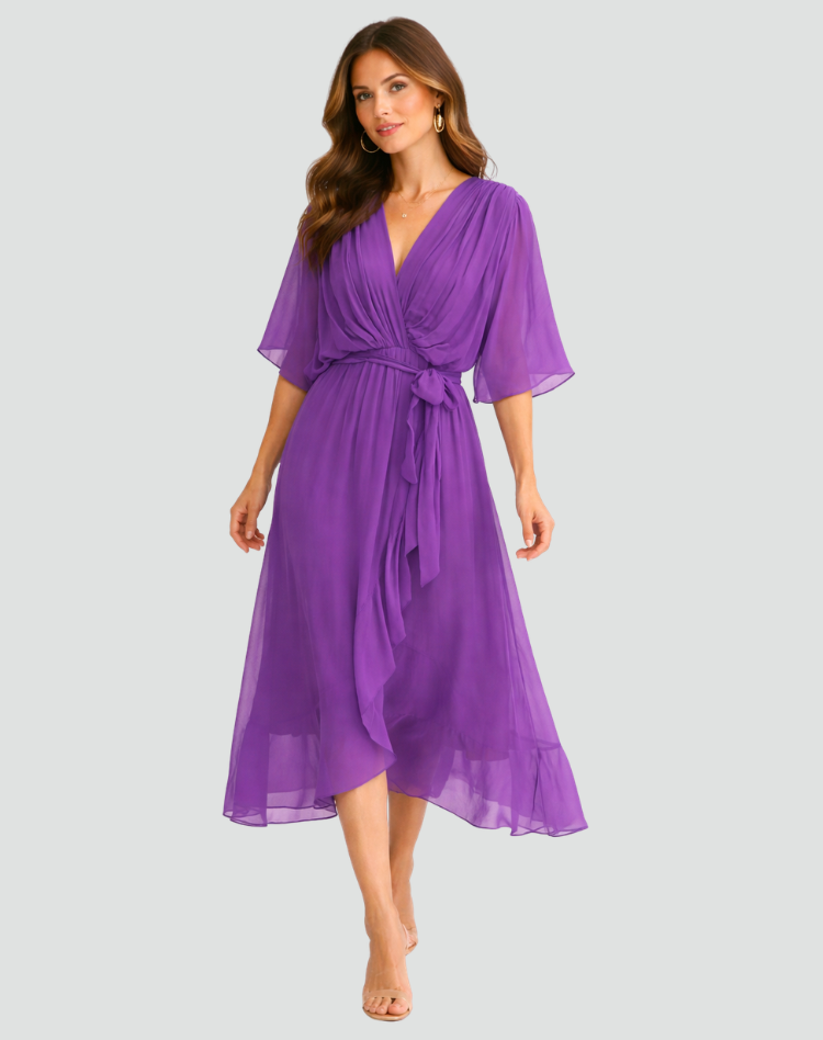 Elegante vestido midi con escote cruzado y lazo en la cintura | Para mujer