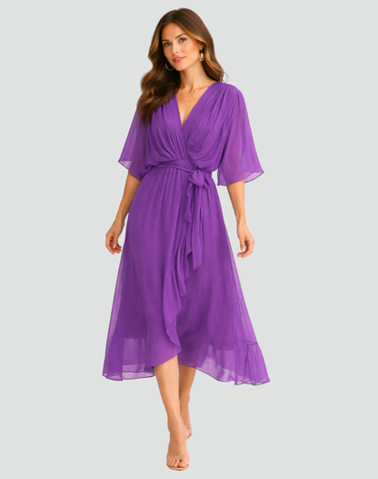 Elegante vestido midi con escote cruzado y lazo en la cintura | Para mujer