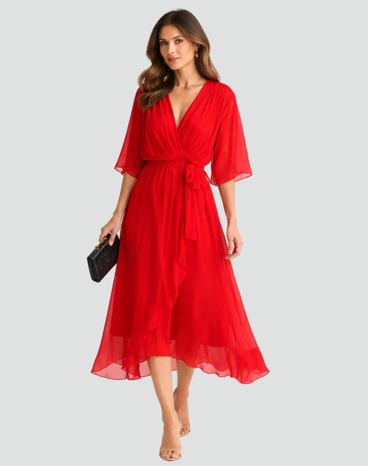 Elegante vestido midi con escote cruzado y lazo en la cintura | Para mujer