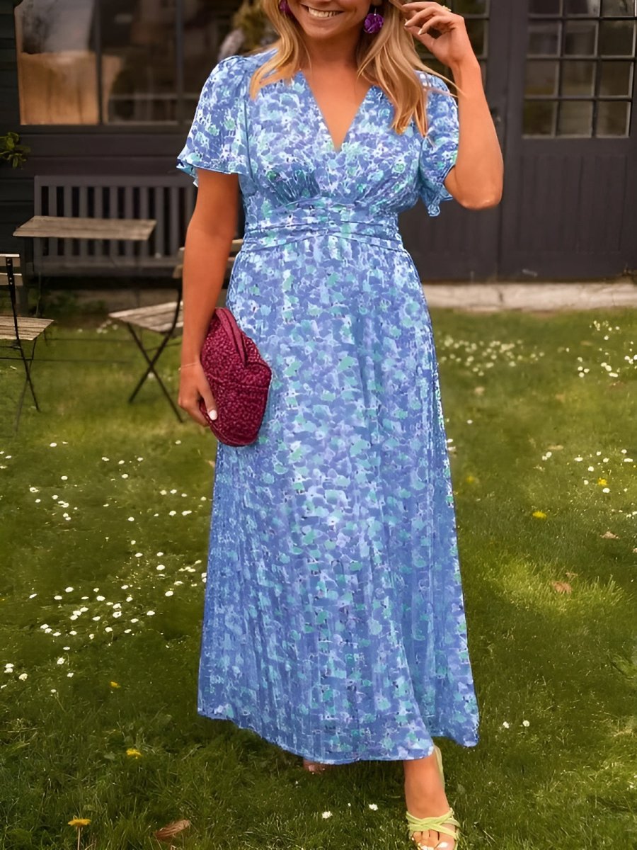 Vestido largo floral de manga corta para mujer | Cuello en V y vuelo