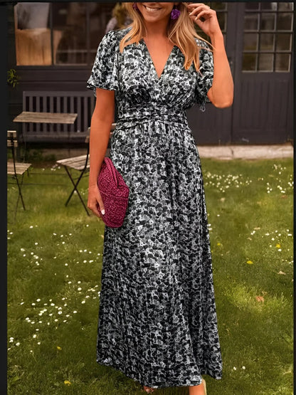 Vestido largo floral de manga corta para mujer | Cuello en V y vuelo