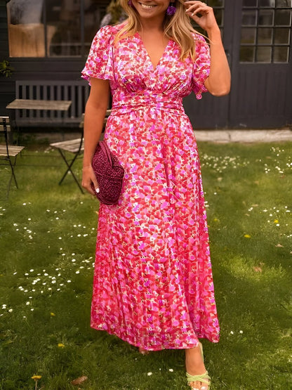 Vestido largo floral de manga corta para mujer | Cuello en V y vuelo