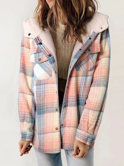 Mujer Chaqueta de Cuadros con Capucha | Cierre de Botones & Detalles de Borreguito | Otoño e Invierno
