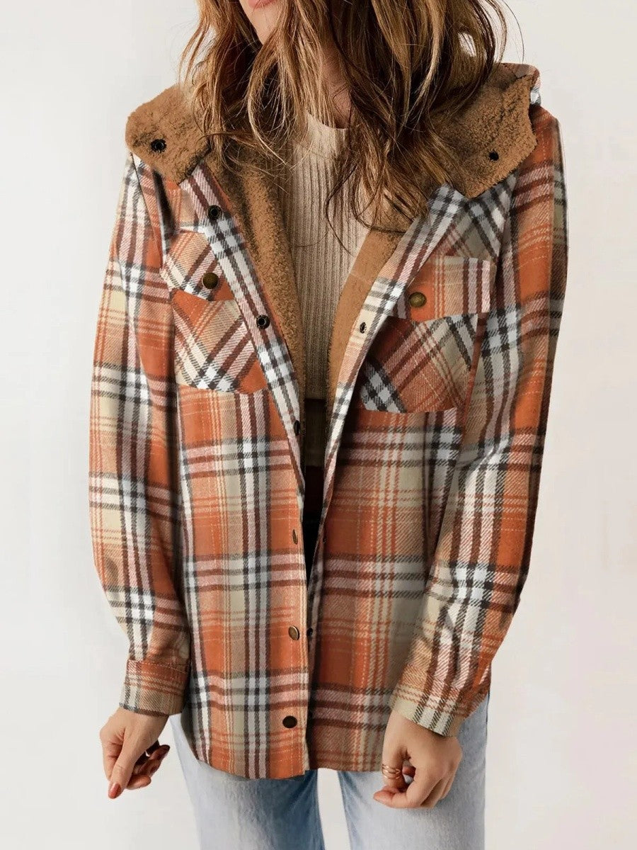 Mujer Chaqueta de Cuadros con Capucha | Cierre de Botones & Detalles de Borreguito | Otoño e Invierno