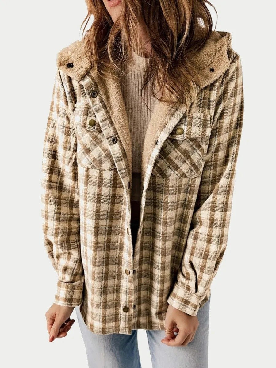 Mujer Chaqueta de Cuadros con Capucha | Cierre de Botones & Detalles de Borreguito | Otoño e Invierno
