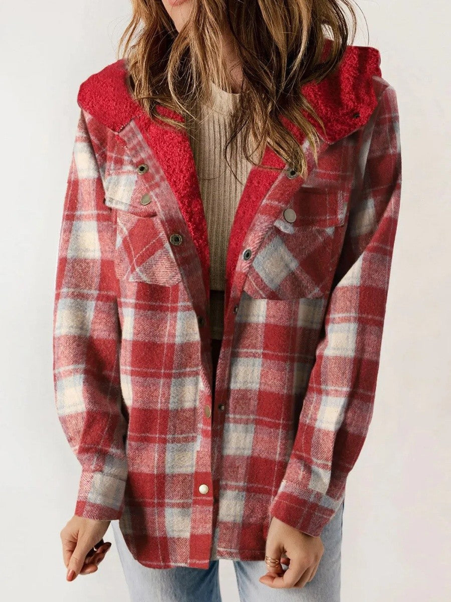 Mujer Chaqueta de Cuadros con Capucha | Cierre de Botones & Detalles de Borreguito | Otoño e Invierno