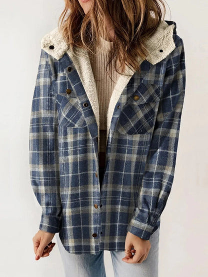 Mujer Chaqueta de Cuadros con Capucha | Cierre de Botones & Detalles de Borreguito | Otoño e Invierno