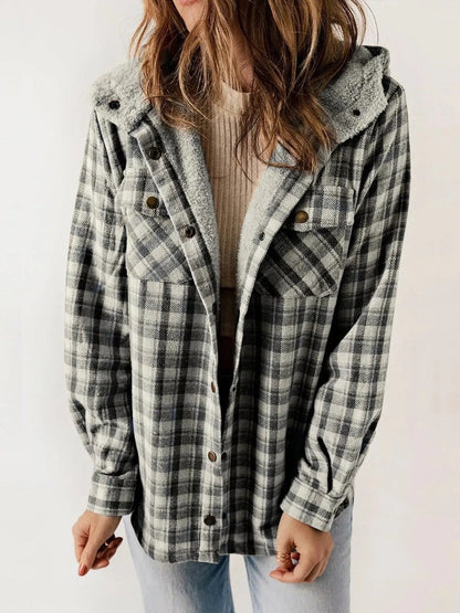 Mujer Chaqueta de Cuadros con Capucha | Cierre de Botones & Detalles de Borreguito | Otoño e Invierno