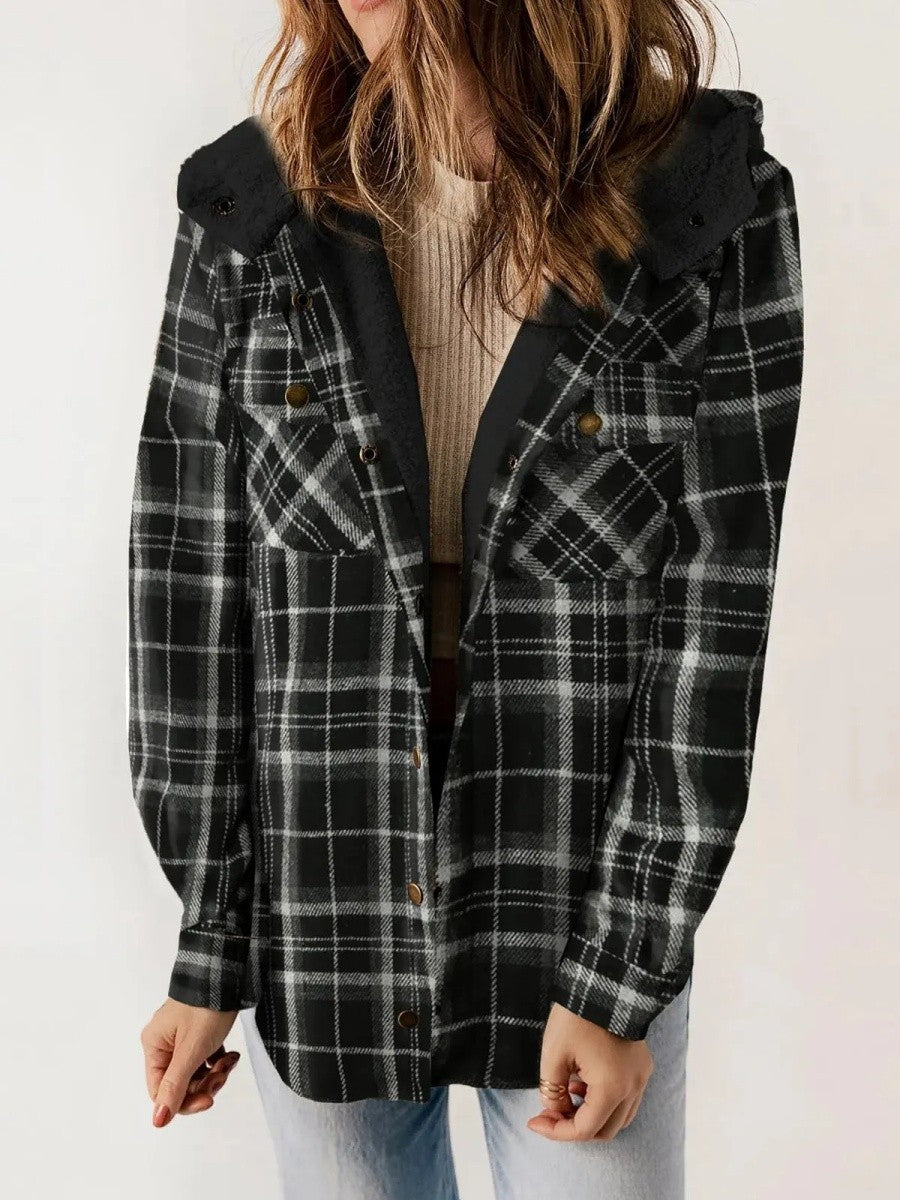 Mujer Chaqueta de Cuadros con Capucha | Cierre de Botones & Detalles de Borreguito | Otoño e Invierno