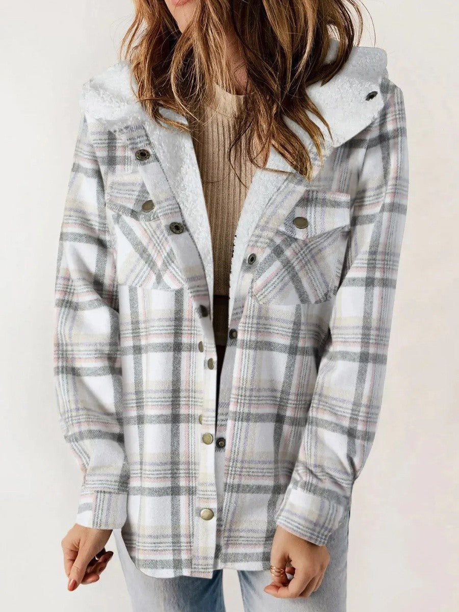 Mujer Chaqueta de Cuadros con Capucha | Cierre de Botones & Detalles de Borreguito | Otoño e Invierno