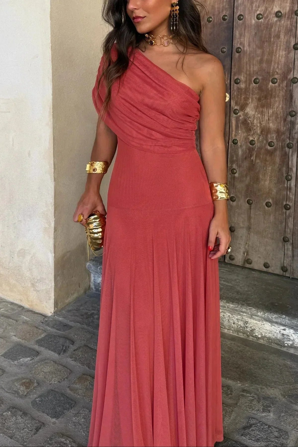 Vestido largo plisado de un hombro para mujer | Diseño fluido de verano