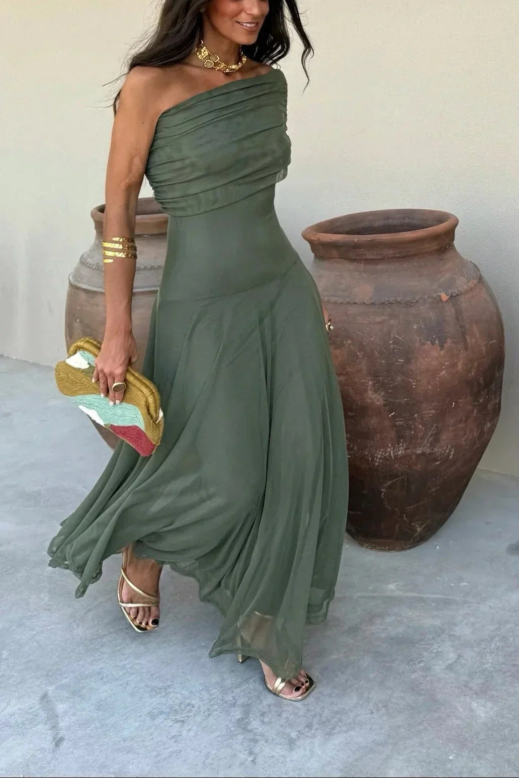 Vestido largo plisado de un hombro para mujer | Diseño fluido de verano