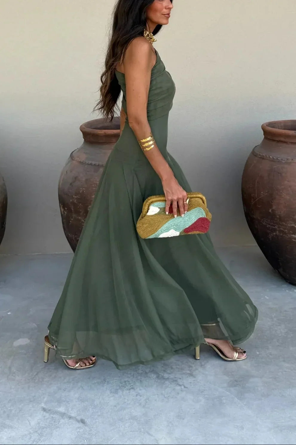 Vestido largo plisado de un hombro para mujer | Diseño fluido de verano