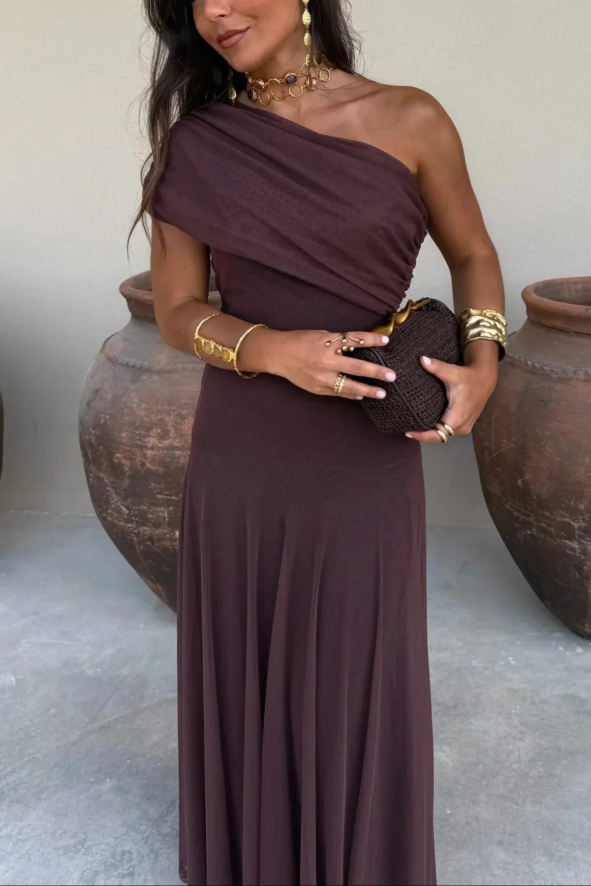 Vestido largo plisado de un hombro para mujer | Diseño fluido de verano