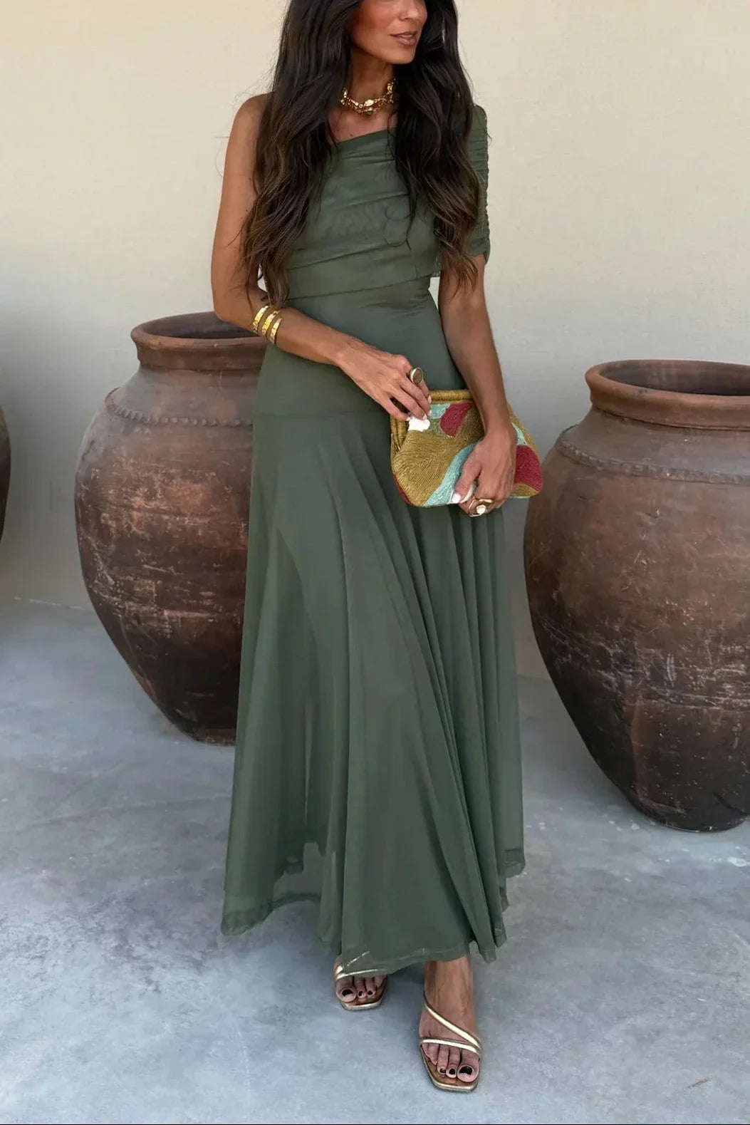 Vestido largo plisado de un hombro para mujer | Diseño fluido de verano