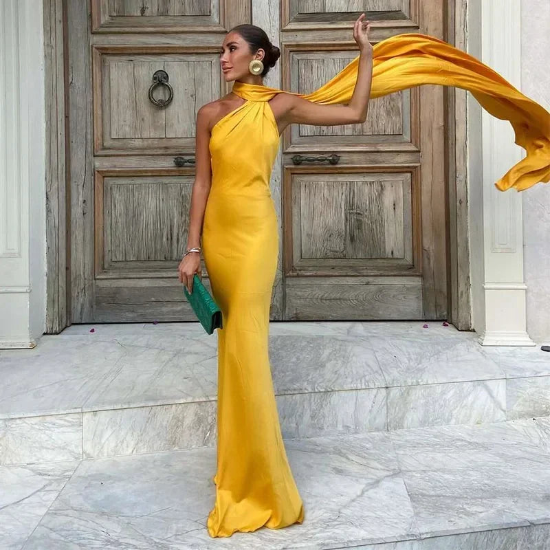 Vestido largo drapeado de un solo hombro para mujer | Maxi elegante