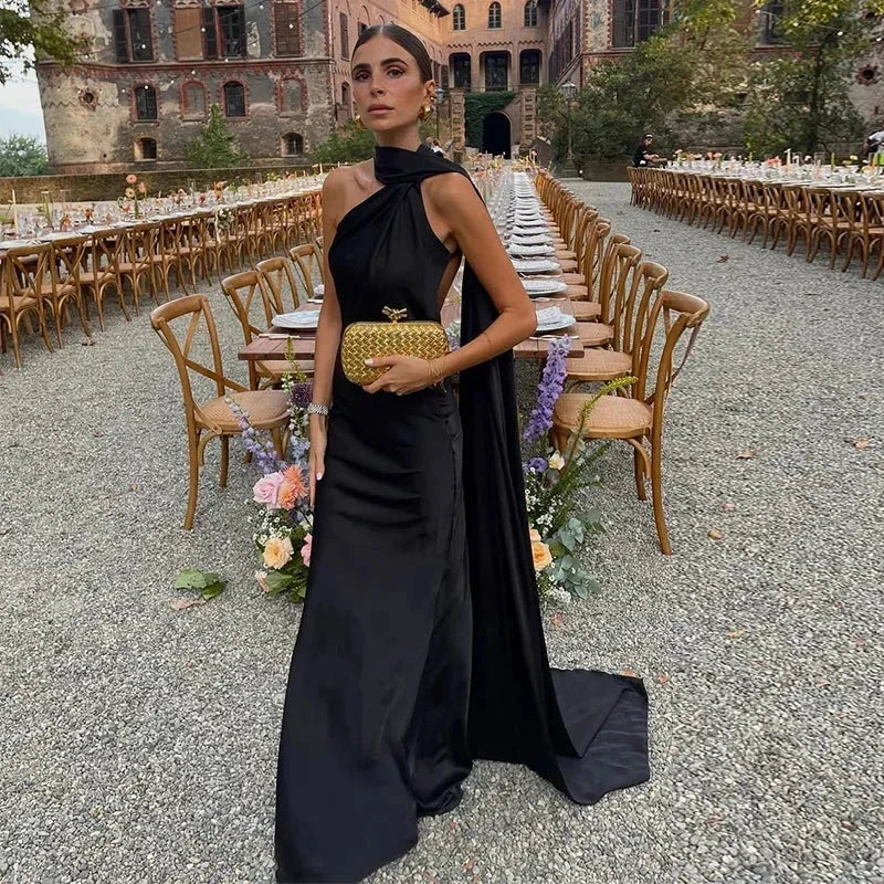 Vestido largo drapeado de un solo hombro para mujer | Maxi elegante