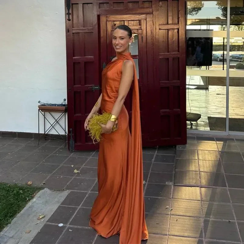 Vestido largo drapeado de un solo hombro para mujer | Maxi elegante