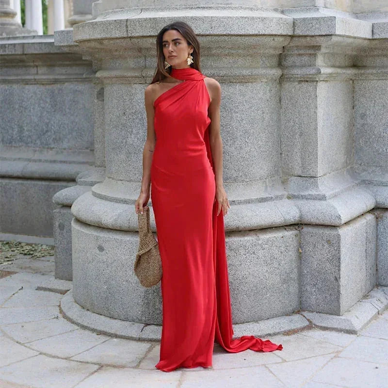 Vestido largo drapeado de un solo hombro para mujer | Maxi elegante