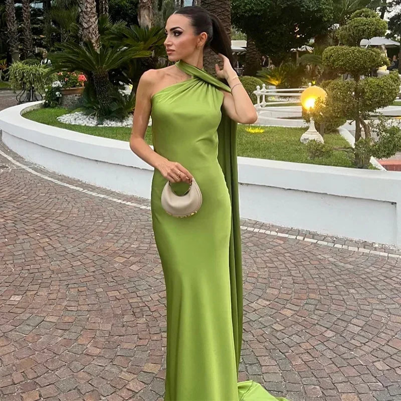 Vestido largo drapeado de un solo hombro para mujer | Maxi elegante