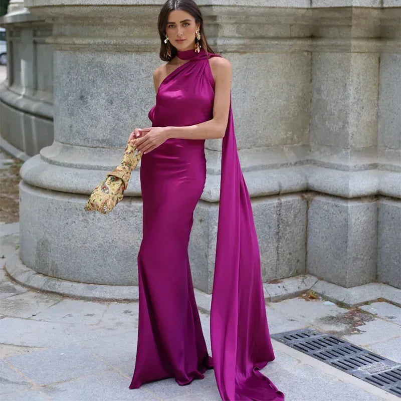 Vestido largo drapeado de un solo hombro para mujer | Maxi elegante