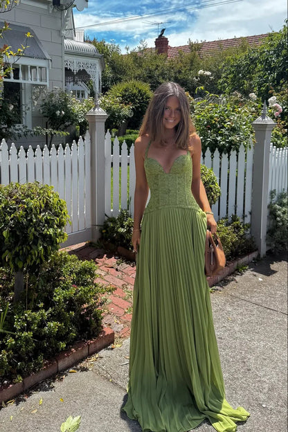 Vestido largo verde plisado con corsé para mujer | Elegante y fluido