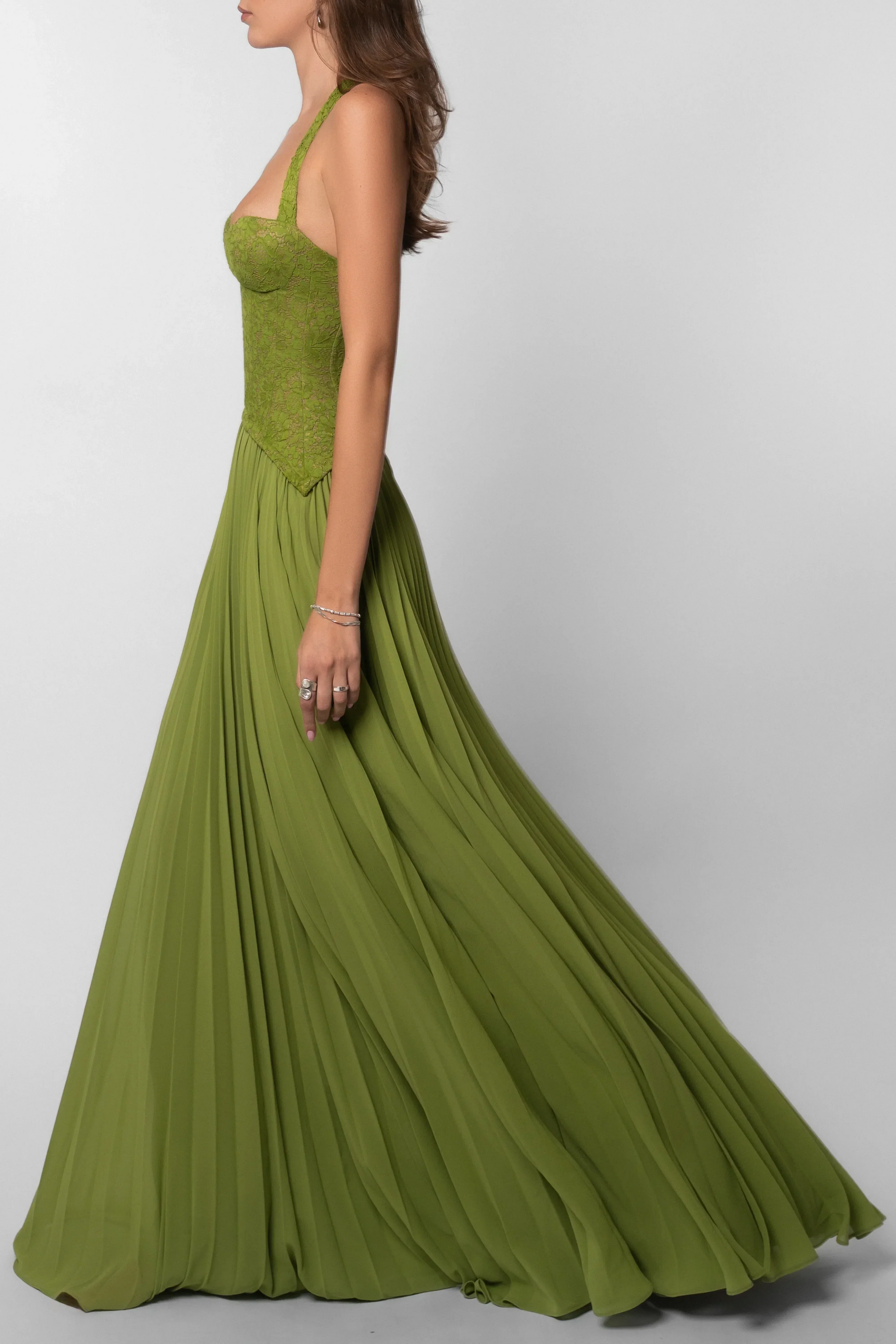 Vestido largo verde plisado con corsé para mujer | Elegante y fluido