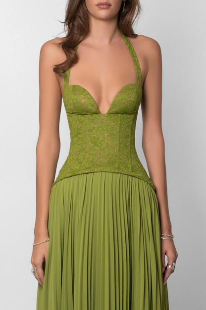 Vestido largo verde plisado con corsé para mujer | Elegante y fluido