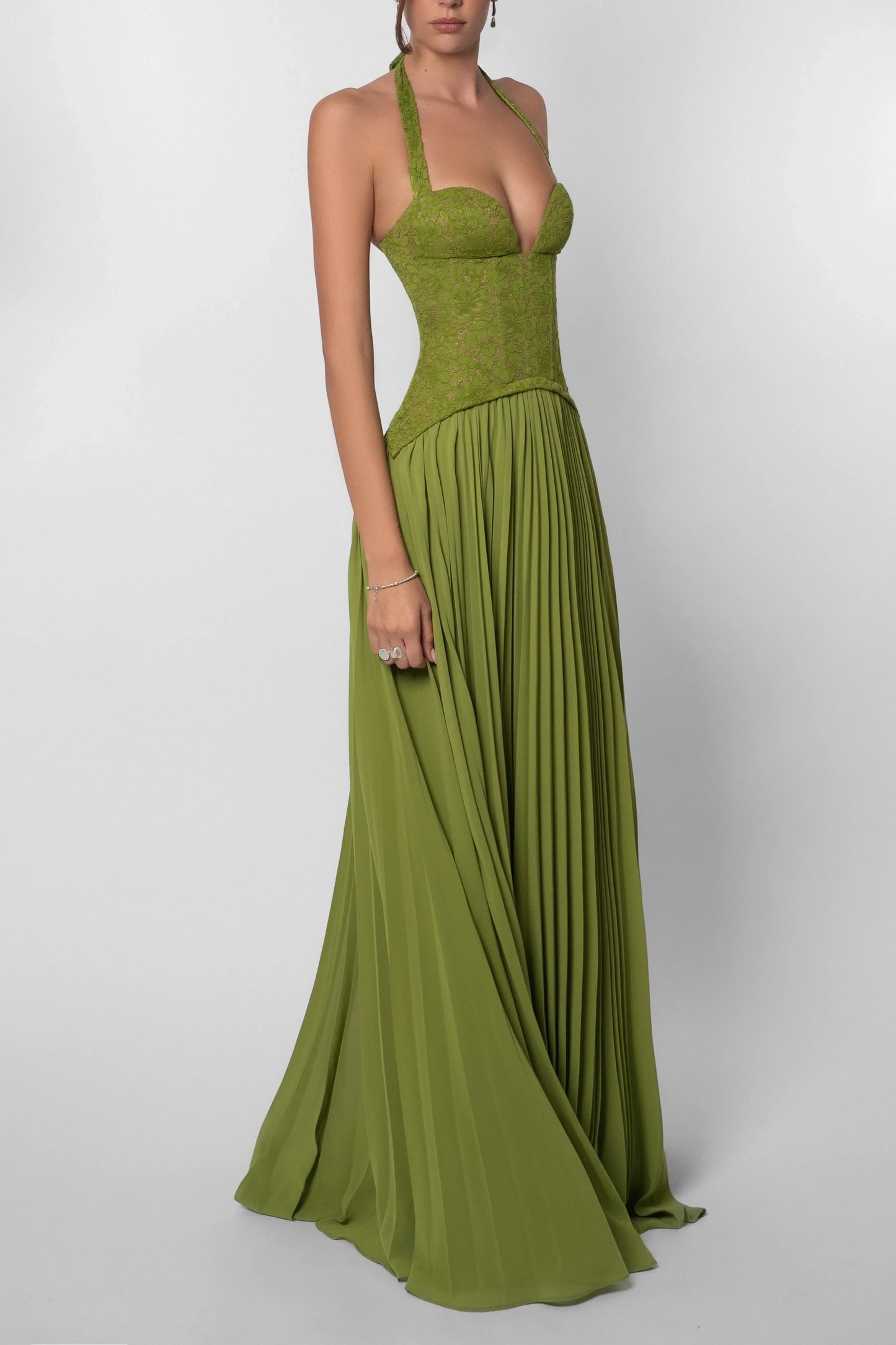 Vestido largo verde plisado con corsé para mujer | Elegante y fluido