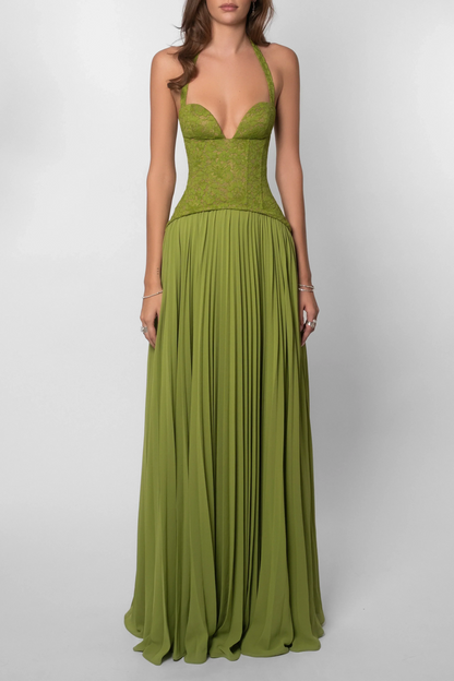 Vestido largo verde plisado con corsé para mujer | Elegante y fluido
