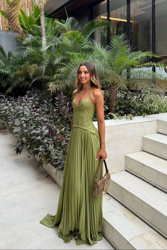 Vestido largo verde plisado con corsé para mujer | Elegante y fluido