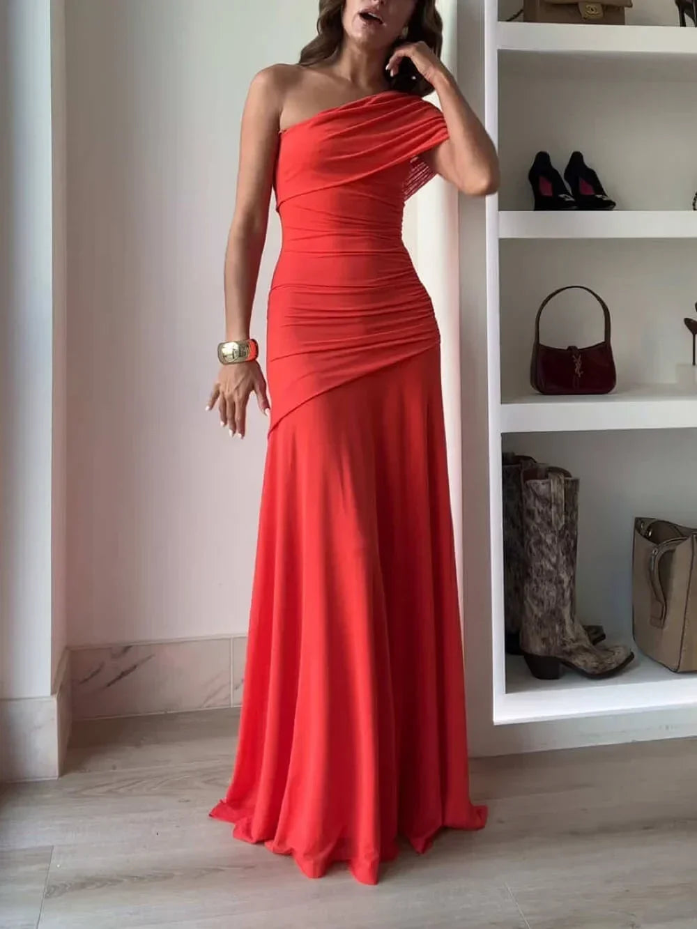 Vestido largo asimétrico fruncido para mujer | Diseño elegante de noche
