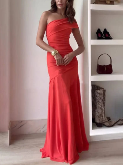 Vestido largo asimétrico fruncido para mujer | Diseño elegante de noche