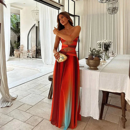 Vestido largo sin tirantes rojo y naranja para mujer | Corte fluido de verano