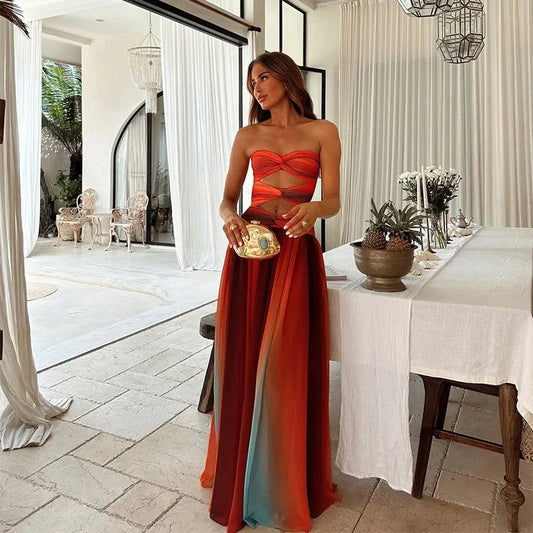 Vestido largo sin tirantes rojo y naranja para mujer | Corte fluido de verano