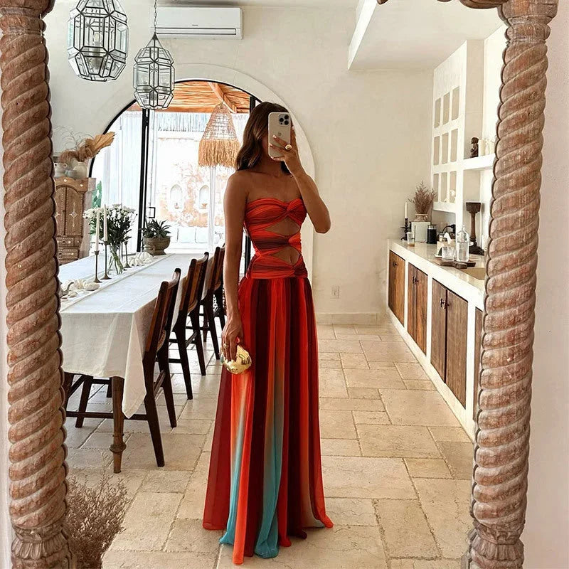 Vestido largo sin tirantes rojo y naranja para mujer | Corte fluido de verano