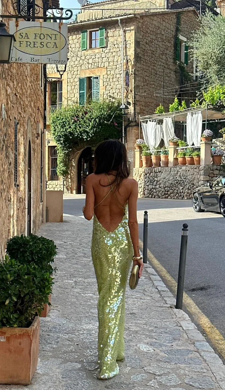 Largo vestido de lentejuelas verdes con espalda descubierta | Mujer