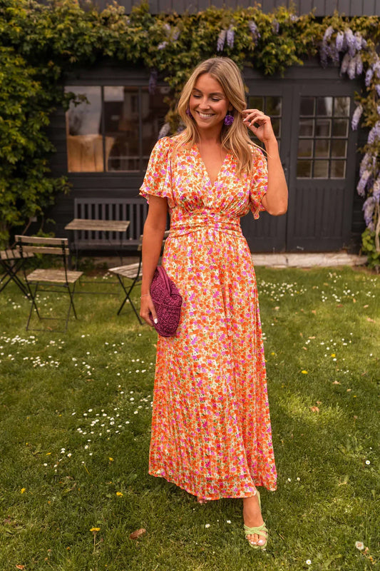 Vestido largo floral de manga corta para mujer | Cuello en V y vuelo