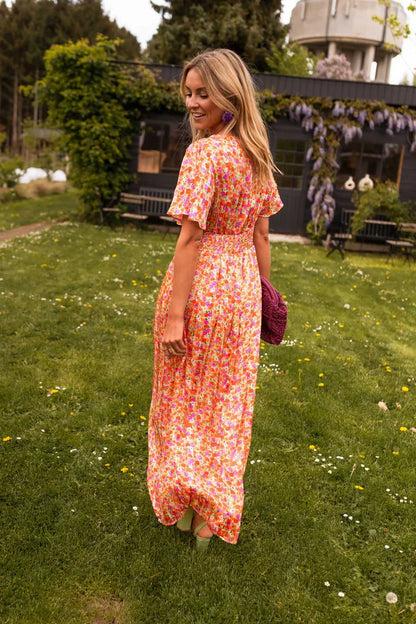 Vestido largo floral de manga corta para mujer | Cuello en V y vuelo