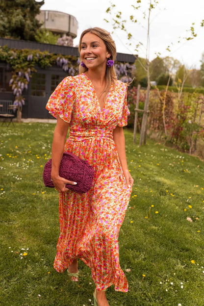Vestido largo floral de manga corta para mujer | Cuello en V y vuelo